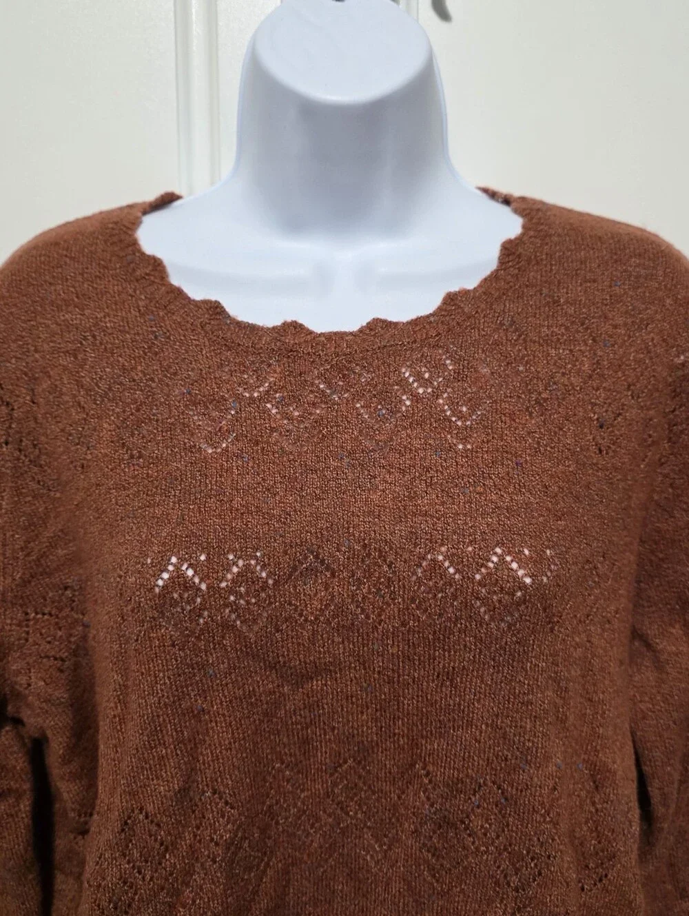 Alfred Dunner Womens Rust Brown Geometric Eyelet Knit Scallop Crewneck Sweater